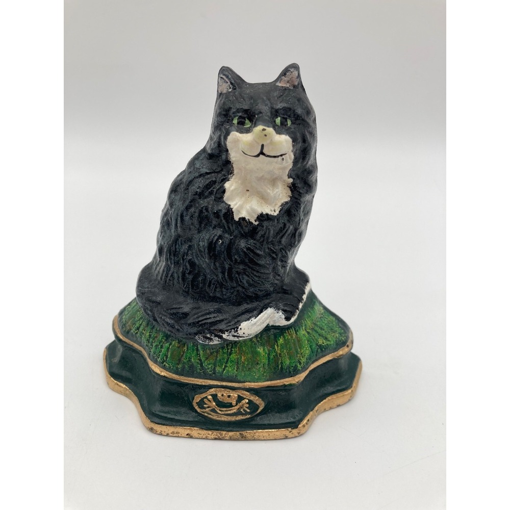 Vintage Cast Iron Tuxedo Cat Doorstop Painted Black White Kitty Green Base Heavy